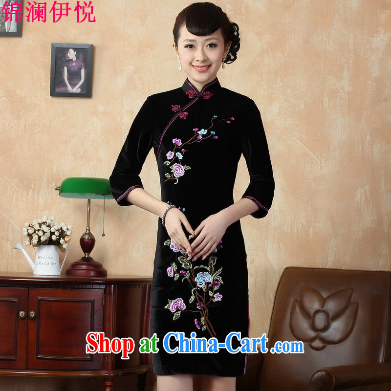 kam world the Hyatt stylish retro of aristocratic ladies style stretch the wool embroidery cuff in short cheongsam Chinese arts, fresh and elegant package and a skirt TD 0010 - A black XXL