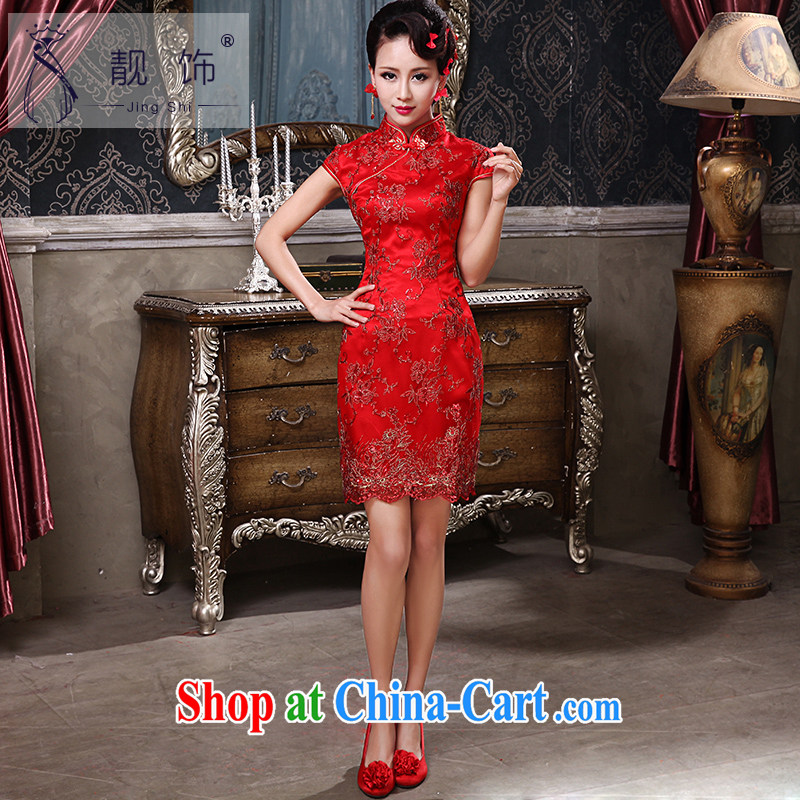 Beautiful ornaments 2015 New Red wedding toast Service Improved short lace cheongsam Evening Dress red short cheongsam XL, beautiful ornaments JinGSHi), shopping on the Internet