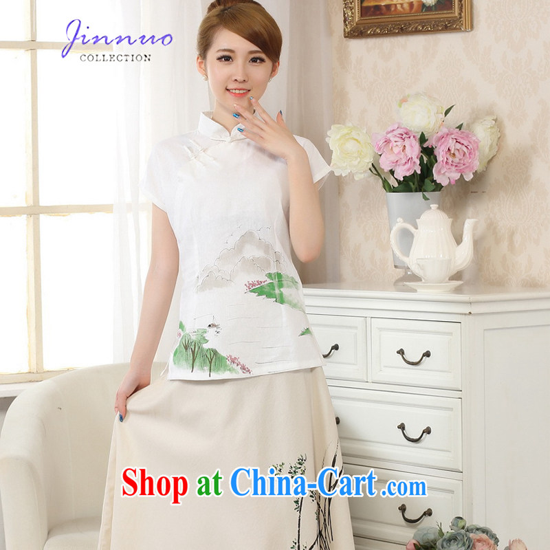 kam world the Hyatt small fresh and elegant sweet retro national style in a new, hand-painted dresses T-shirt stamp duty cotton MA the comfortable linen Chinese female Chinese improved A 0068 white XXL, the world, and, on-line shopping