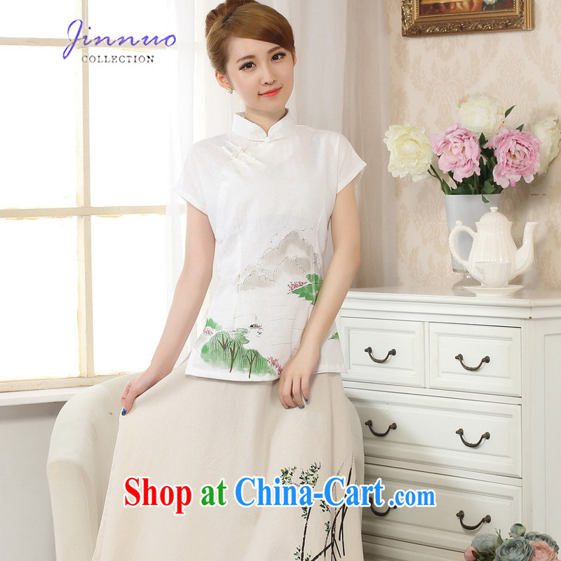 kam world the Hyatt small fresh and elegant sweet retro national style in a new, hand-painted dresses T-shirt stamp duty cotton MA the comfortable linen Chinese female Chinese improved A 0068 white XXL, the world, and, on-line shopping