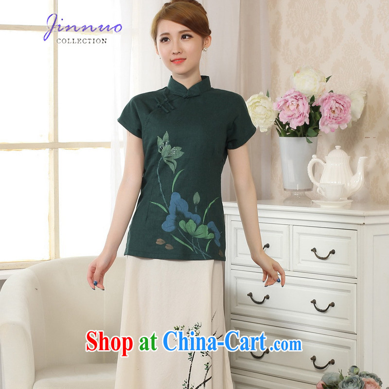 kam world the Hyatt new hand-painted dresses stamp T-shirt cotton the linen Chinese ethnic wind women short-sleeved T-shirt Tang with improved 2015 spring and summer 0067 A - A XXL dark green, the world, and, on-line shopping