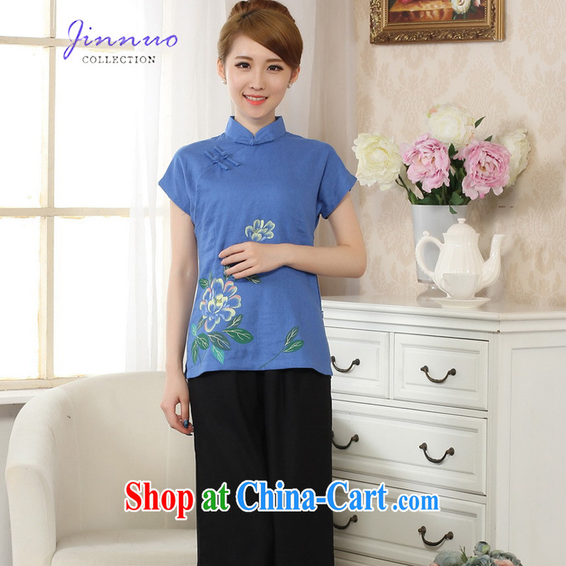 world, the Hyatt Regency new spring and summer with a hand-painted Lotus Peony stamp outfit T-shirt breathable and comfortable cotton the linen Chinese Ethnic Wind female short-sleeved, female Chinese A 0067 blue XXL, Kam world, Yue, and shopping on the I