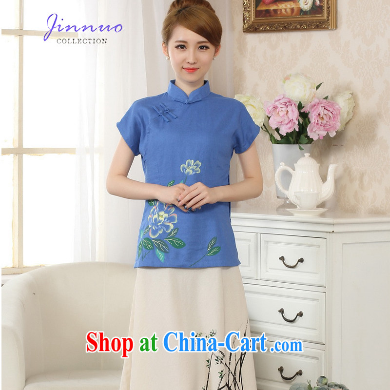 world, the Hyatt Regency new spring and summer with a hand-painted Lotus Peony stamp outfit T-shirt breathable and comfortable cotton the linen Chinese Ethnic Wind female short-sleeved, female Chinese A 0067 blue XXL, Kam world, Yue, and shopping on the I