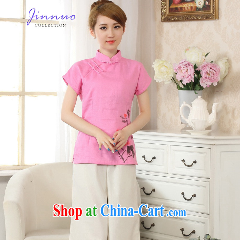 world, the Hyatt Regency new hand-painted embossed dresses T-shirt Chinese Ethnic Wind girls cotton the linen T shirt short-sleeved T-shirt beauty graphics thin daily Chinese improved A 0069 - B pink XXL