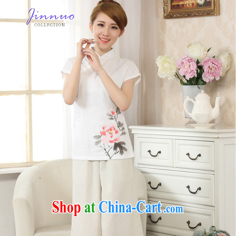 Kam-world the Hyatt art van retro ethnic wind small fresh college students wind new, hand-painted robes cotton the linen Chinese stamp T-shirt female Chinese improved A 0069 white XXL, Kam world, Yue, and shopping on the Internet