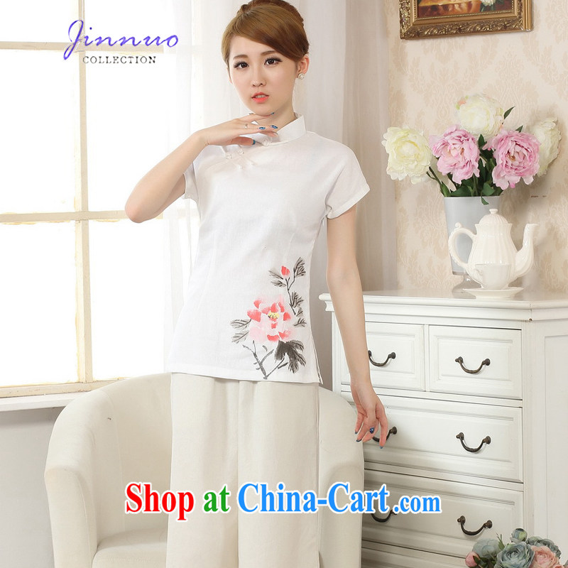 Kam-world the Hyatt art van retro ethnic wind small fresh college students wind new, hand-painted robes cotton the linen Chinese stamp T-shirt female Chinese improved A 0069 white XXL, Kam world, Yue, and shopping on the Internet