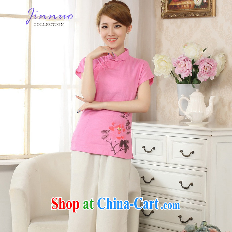 World wide, the Hyatt Regency new antique Chinese wind hand-painted T-shirt outfit T cotton shirt the linen Chinese ethnic wind female Chinese improved A 0069 - B pink XXL, Kam world, Yue, and shopping on the Internet