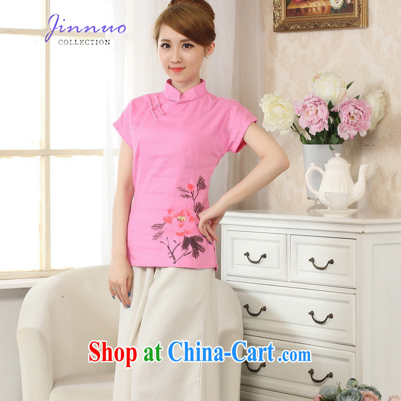 World wide, the Hyatt Regency new antique Chinese wind hand-painted T-shirt outfit T cotton shirt the linen Chinese ethnic wind female Chinese improved A 0069 - B pink XXL, Kam world, Yue, and shopping on the Internet