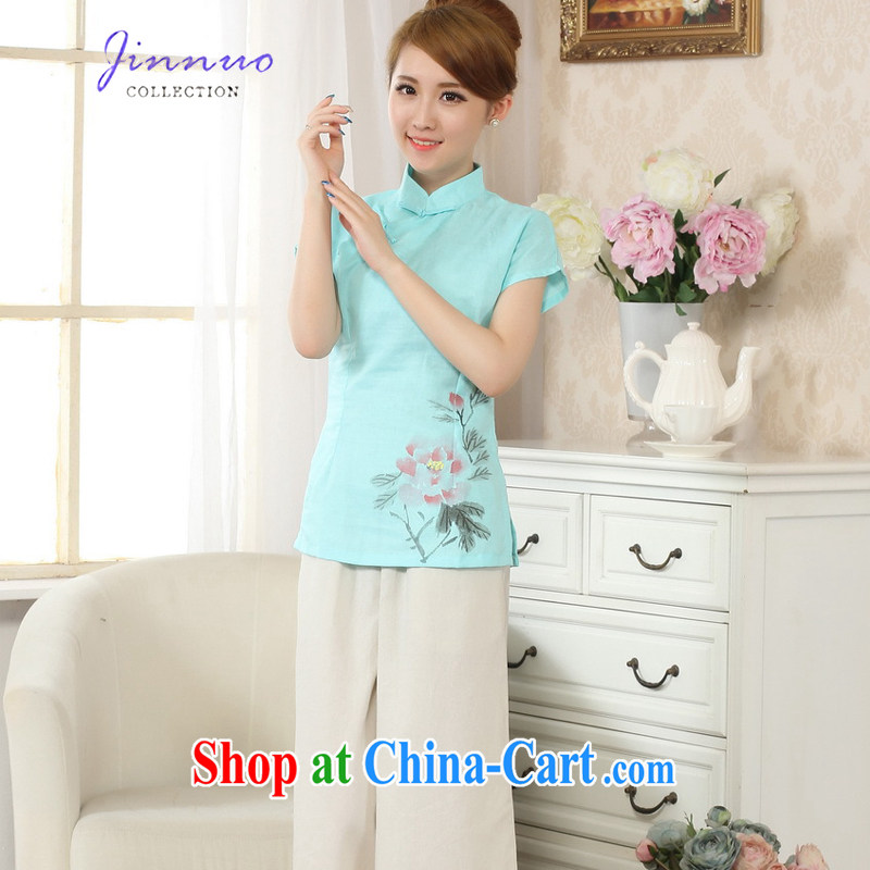 world, the Hyatt Regency new dresses, collared T-shirt linen Chinese Ethnic Wind China wind hand-painted water and ink stamp art van cotton leprosy girl decoration, graphics thin Tang with improved A 0069 - C Lake blue XXL, Kam-world, Hyatt, shopping on t