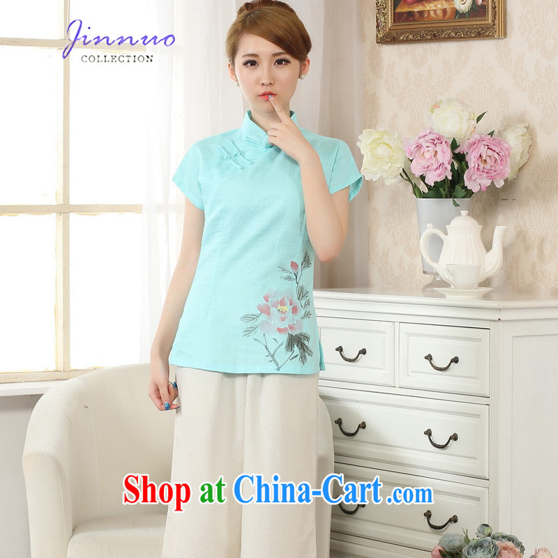 world, the Hyatt Regency new dresses, collared T-shirt linen Chinese Ethnic Wind China wind hand-painted water and ink stamp art van cotton leprosy girl decoration, graphics thin Tang with improved A 0069 - C Lake blue XXL, Kam-world, Hyatt, shopping on t