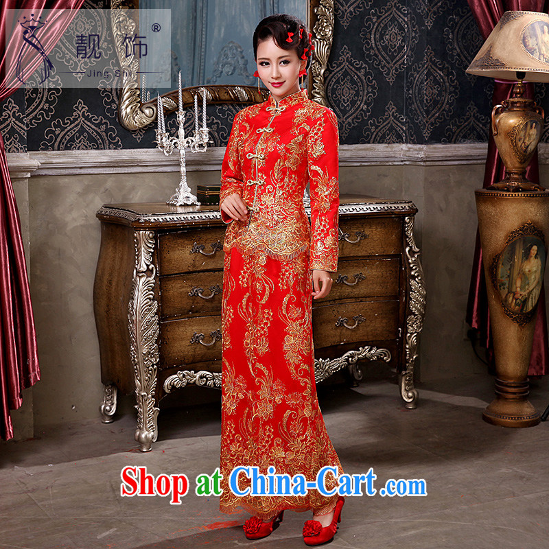 Beautiful ornaments 2015 autumn and winter, the red bridal wedding toast serving long-sleeved improved antique cheongsam dress red long cheongsam L, beautiful ornaments JinGSHi), online shopping
