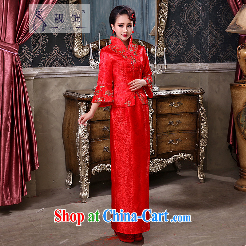 Beautiful decorated dresses and stylish new 2015 autumn and the bride toast wedding dresses Fall Winter long-sleeved Kit improved retro dresses red cheongsam XL
