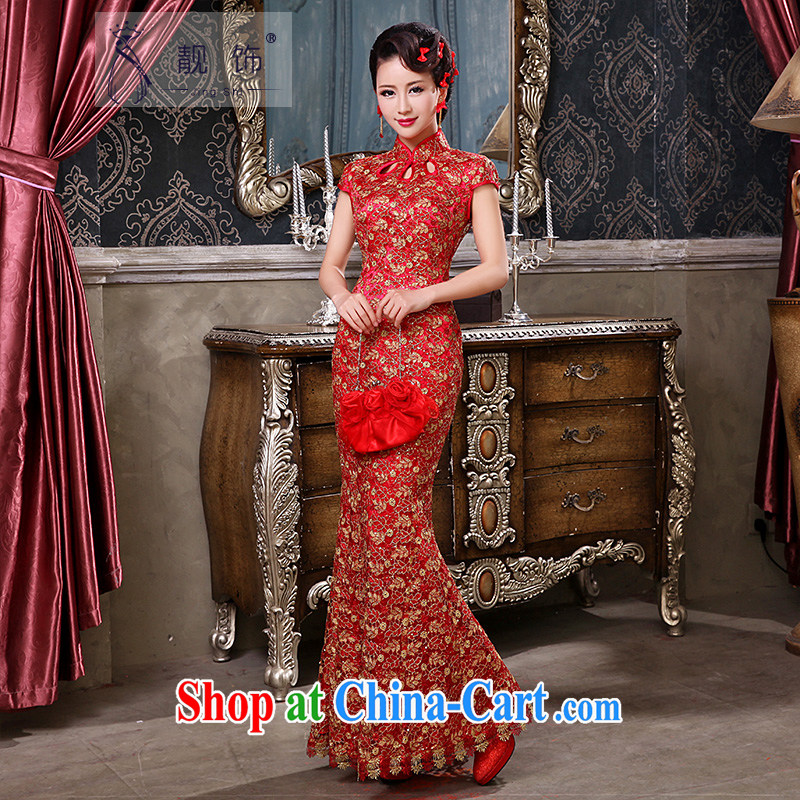 Beautiful ornaments 2015 new marriage toast serving long cultivating retro lace crowsfoot cheongsam red long cheongsam XL