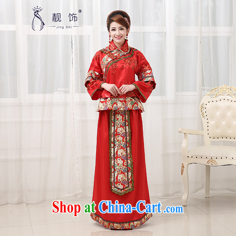 Beautiful ornaments 2015 new toast serving women, antique Chinese wedding lapel beads, embroidery Sau Wo service long-sleeved gown red cheongsam XXL