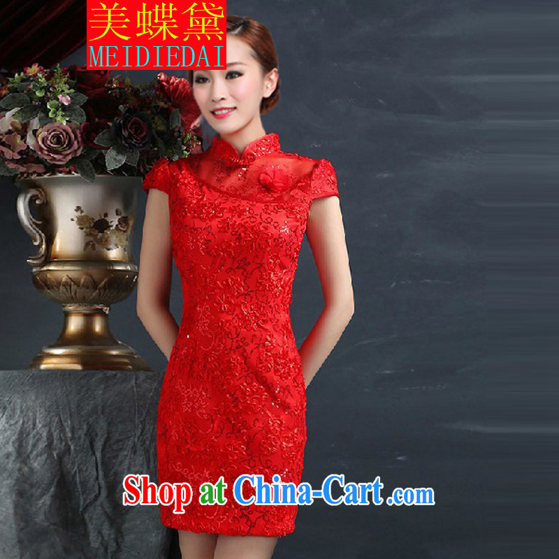 The butterfly Diane 2015 red bridal dresses wedding toast clothing retro embroidery take short improved cheongsam-Noble red XL