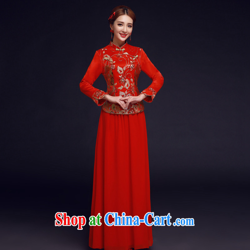 A good service is 2015 new spring and summer red bride Chinese wedding dress long-sleeved cheongsam dress uniform toasting red 2 XL