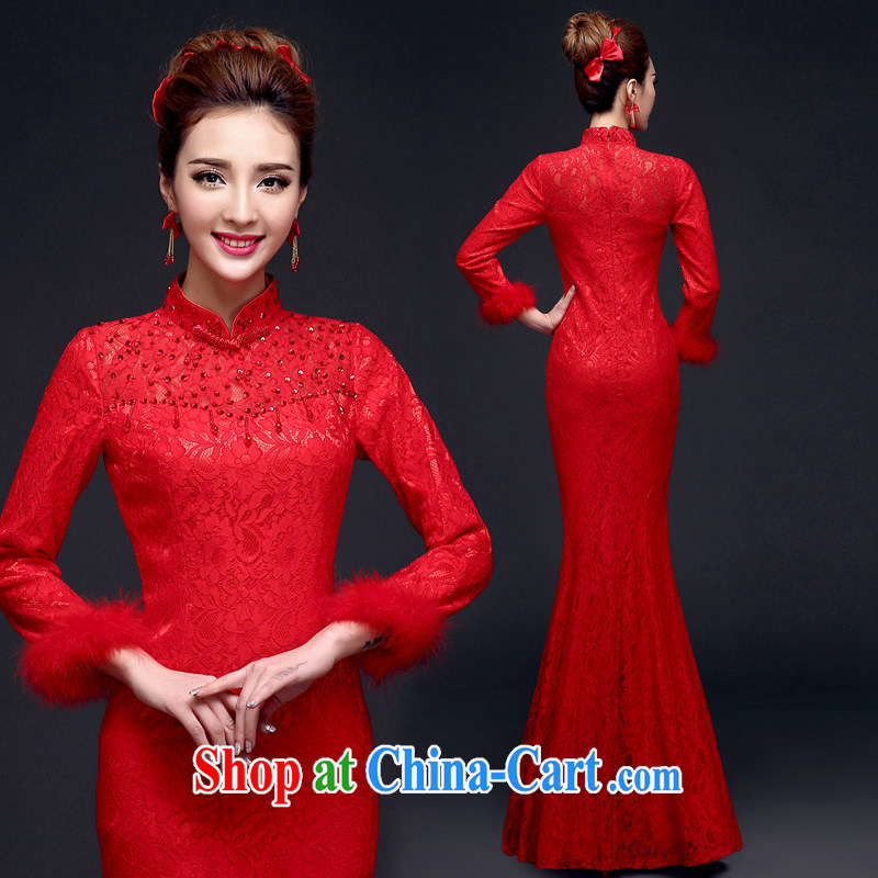 A good service is 2015 winter new Chinese woman bridal red wedding dress toast clothing qipao crowsfoot red XL - _44_