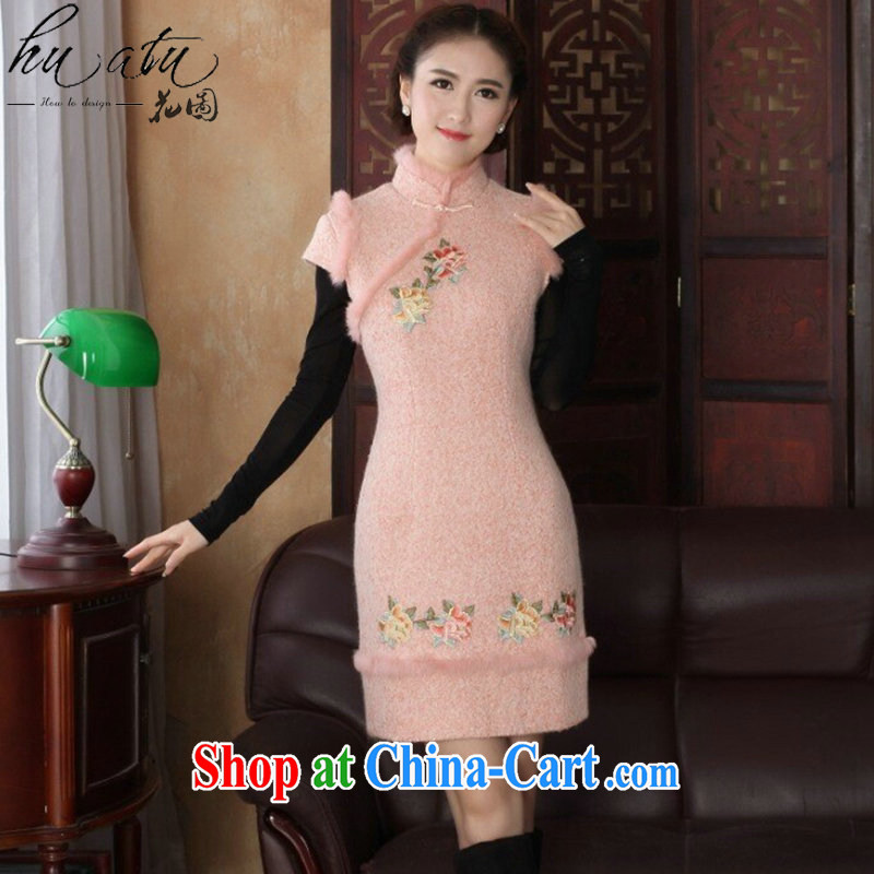Spend the fall and winter cheongsam dress Chinese Chinese improved, for rabbit hair retro wool? embroidery Peony dress dress pink 2 XL, figure, and shopping on the Internet
