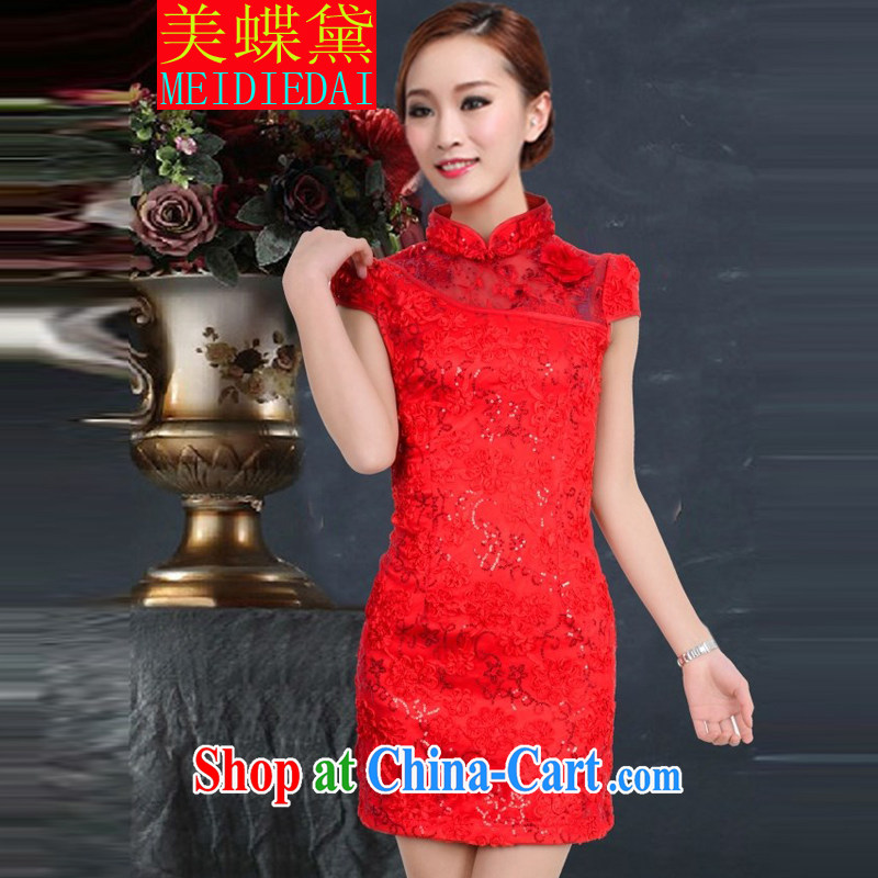 The butterfly Diane red bridal dresses wedding toast clothing retro embroidery take short improved cheongsam-Noble red XL
