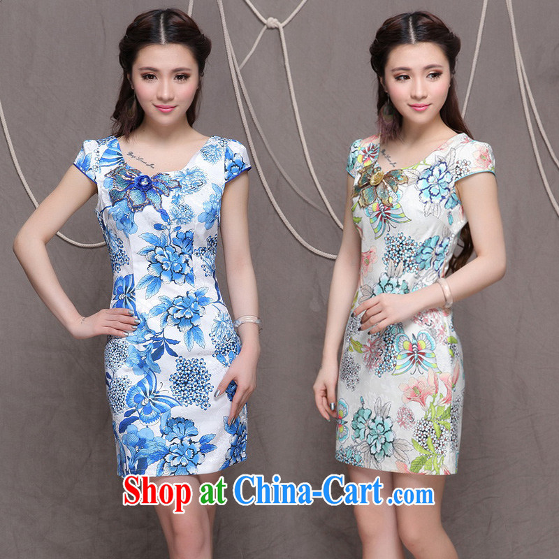 Flowers, bow embroidered cheongsam high-end ethnic wind and stylish Chinese qipao dress VA R 033 9907 blue blue L, spend, Butterfly (HUA YUE DIE), on-line shopping