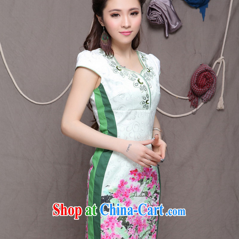 Flowers, bow embroidered cheongsam high-end ethnic wind and stylish Chinese qipao dress VA R 033 9906 green XL, flower, Butterfly (HUA YUE DIE), shopping on the Internet