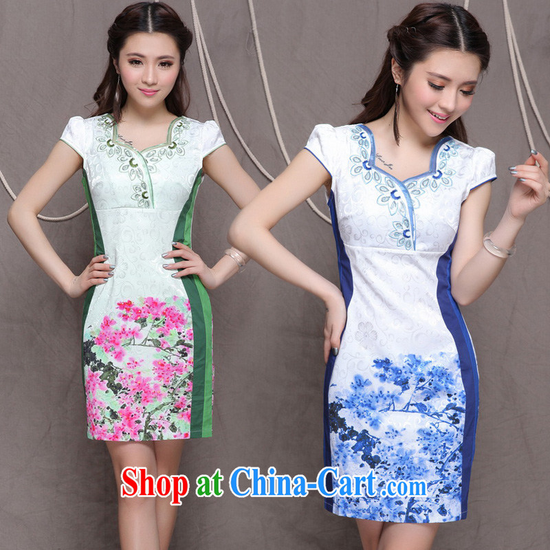 Flowers, bow embroidered cheongsam high-end ethnic wind and stylish Chinese qipao dress VA R 033 9906 green XL, flower, Butterfly (HUA YUE DIE), shopping on the Internet