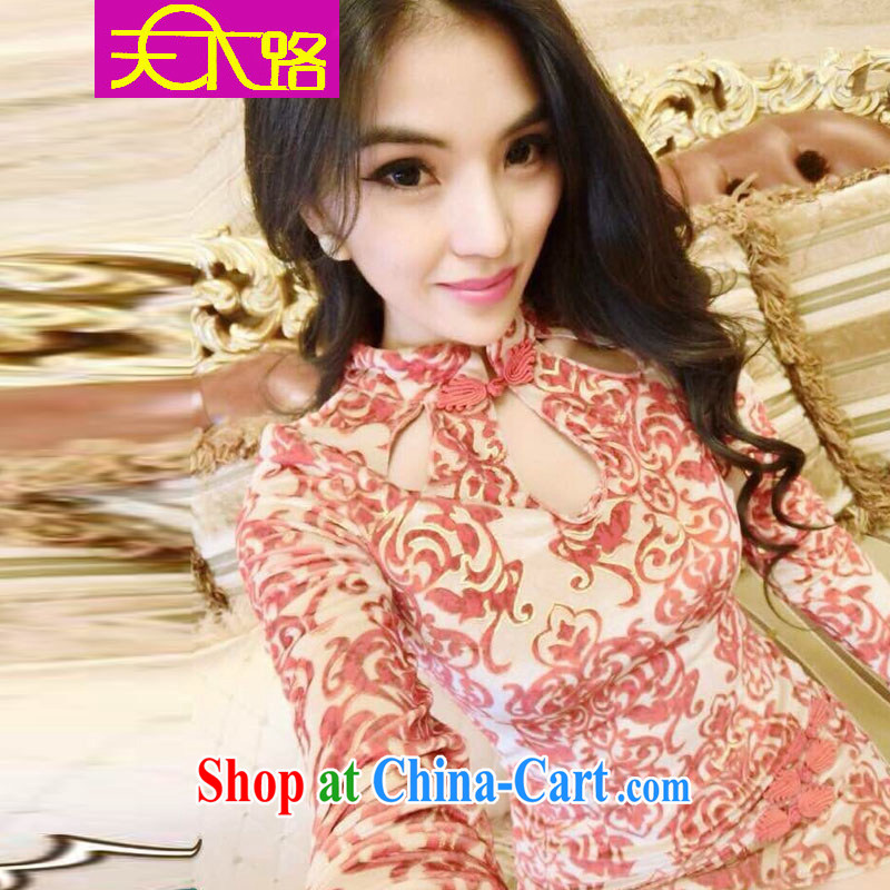 world the blue and white porcelain spring 2015 retro sexy Openwork long-sleeved style cheongsam dress beauty retro short, elegant qipao blue , code, and the World, and, on-line shopping