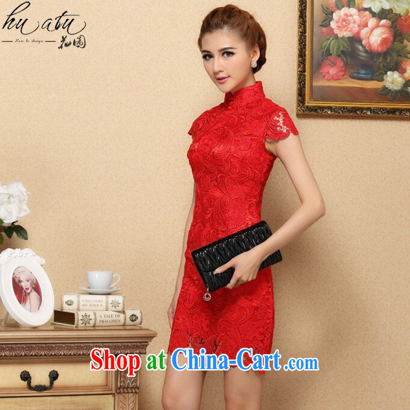 Dan smoke-free spring and summer cheongsam dress Chinese, for high-end imported water-soluble lace dresses retro bows short cheongsam dress red 2 XL, Bin Laden smoke, shopping on the Internet