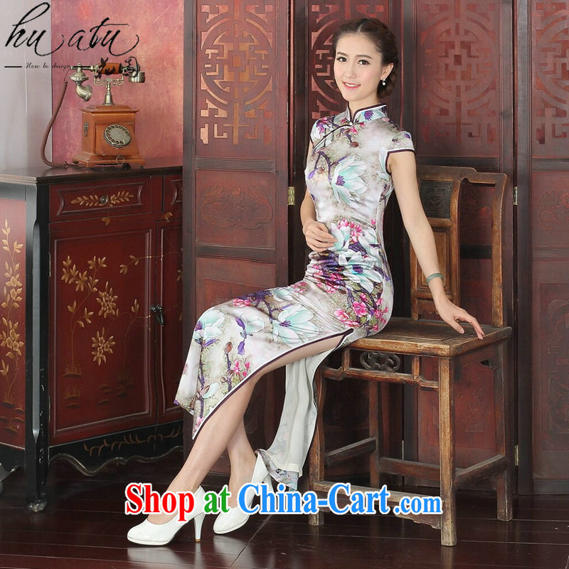 Take the 2015 new female Silk Cheongsam Chinese, DOS SANTOS for silk tulip elegant banquet long cheongsam dress 1027 #2 XL, flowers, and shopping on the Internet