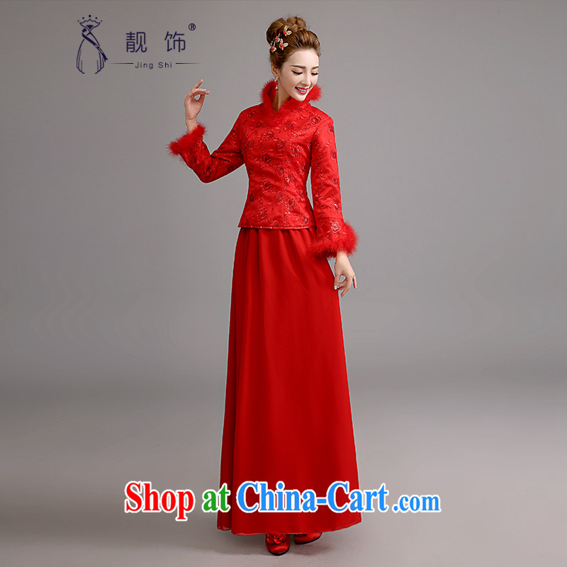 Beautiful ornaments 2015 new cheongsam dress long winter bridal toast clothing retro long-sleeved thick folder cotton robes package red bows service S