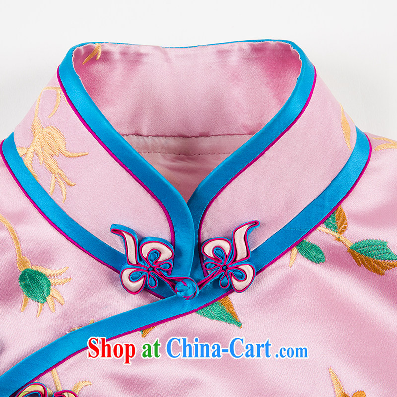 Ryan and Eric LI library Satin embroidery short cheongsam bright elegant antique the forklift truck outfit 100% mulberry silk multi-colored optional pink XXL, Ryan and Eric LI, shopping on the Internet