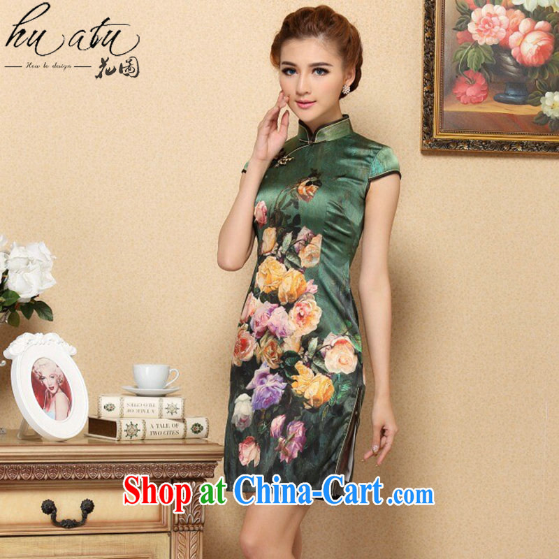 Take the cheongsam dress Tang with stylish sauna silk Chinese, for improved cheongsam elegant summer banquet, silk cheongsam green 3XL, spend, and shopping on the Internet