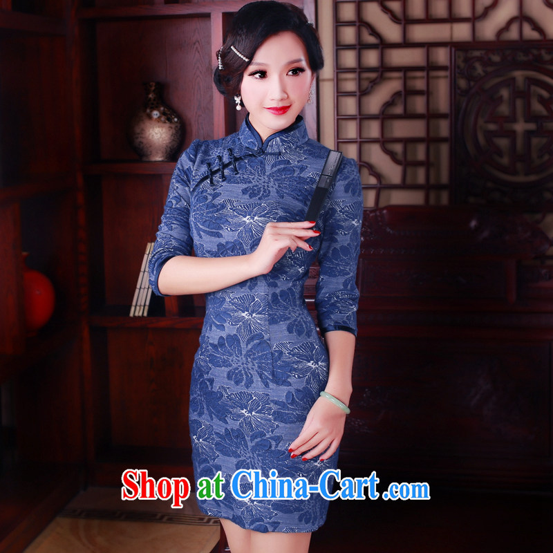 Unwind after the 2015 spring retro long cheongsam dress new improved stylish cuff in cheongsam dress 5042 blue XL sporting, wind, shopping on the Internet