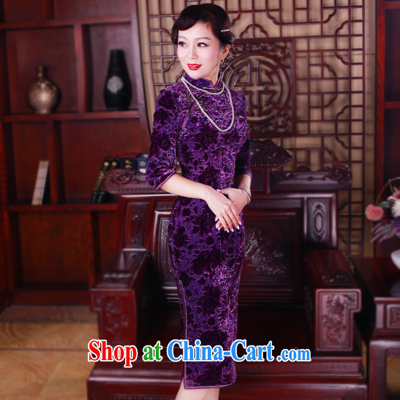 ruyi, 2015 New in the cuff long retro silk high-end Silk Cheongsam beauty dress 5048 purple XL sporting, wind, shopping on the Internet