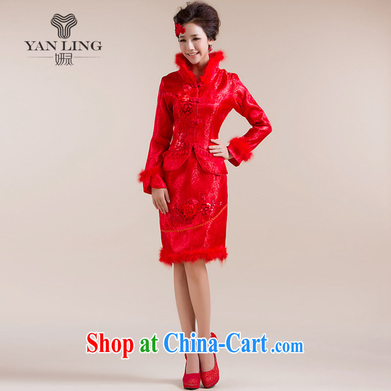 2015 new winter outfit New toast wedding dresses winter cotton robes feather hair collar red L, her spirit, and shopping on the Internet