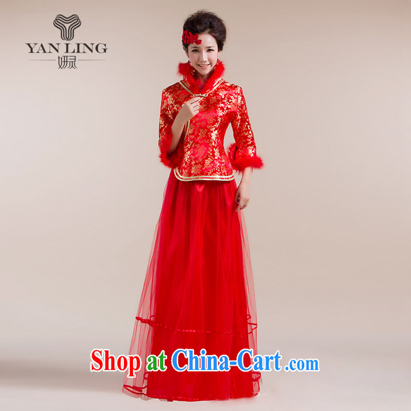 2015 New Section for Gross Gross cuff gauze long skirt with gold floral decorations Chinese wedding dress red S, her spirit, and shopping on the Internet