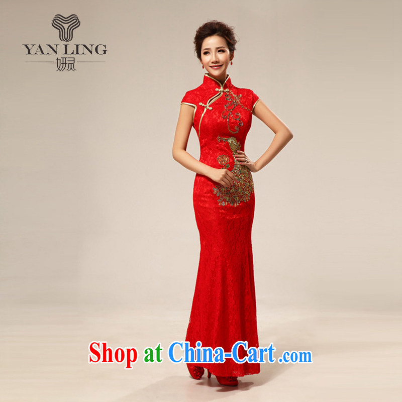 2015 red retro lace-chinese improved bride toast wedding cheongsam dress wedding bridal dresses with 66 red S