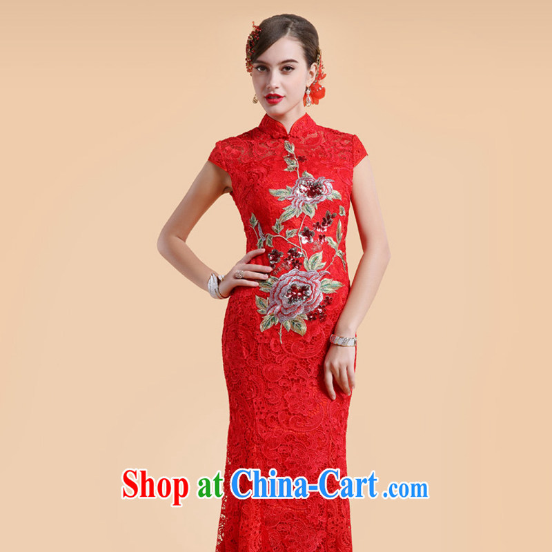 A Chinese cheongsam dress 2015 new wedding retro embroidery lace wedding red bows dress XL