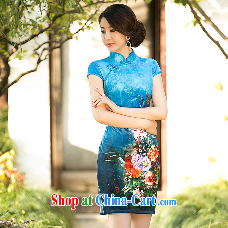 A property, 2015 new gold velour cheongsam dress dresses spring improved stylish short-sleeve retro style women dresses blue M pictures, price, brand platters! Elections are good character, the national distribution, so why buy now enjoy more preferential! Health