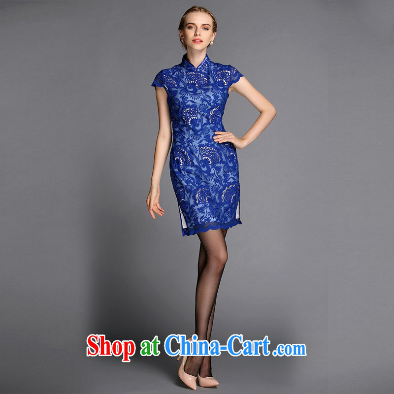 Shallow end, high-end Openwork embroidery improved fashion cheongsam dress beauty XWG XXXL blue, light (at the end) QM, shopping on the Internet