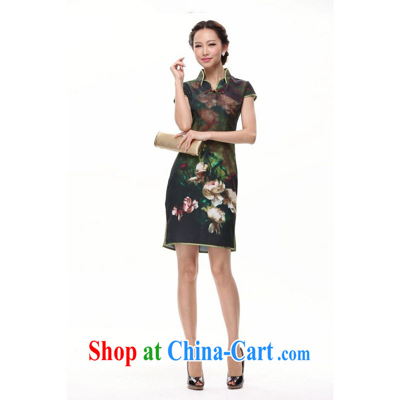 light at the improved sepia ink Peony cheongsam dress skirt short Chinese XWGQP 002 - 5 green XXL, light (at the end QM), shopping on the Internet