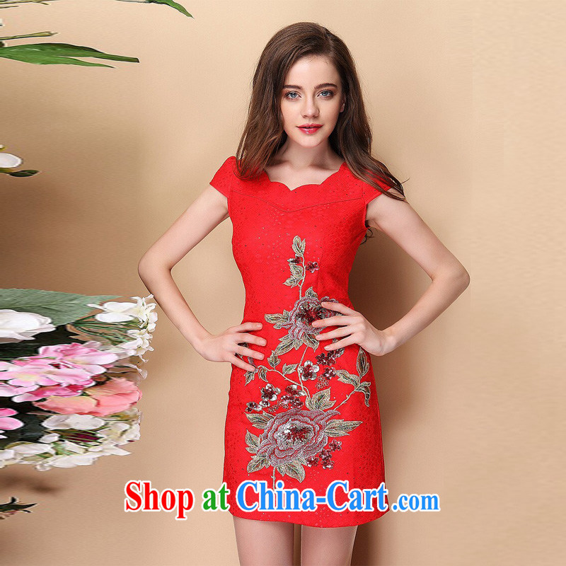The end is very stylish and improved short-sleeved lace, embroidery cheongsam dress XWG QF 140,312 red XXL, shallow end (QM), and, on-line shopping