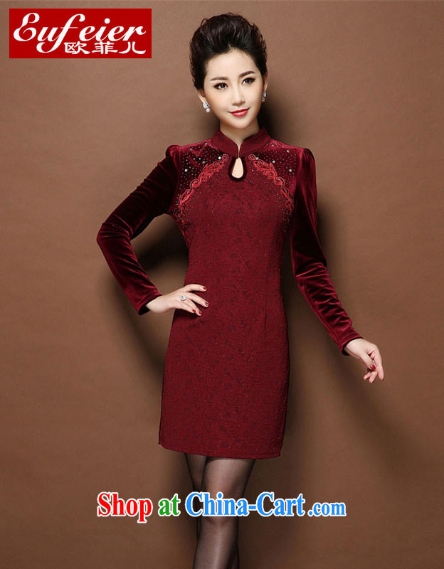 EUFEIER 2014 autumn and winter clothing new velvet cheongsam dress female beauty graphics thin volume to payment RQ 321 wine red XXXXL