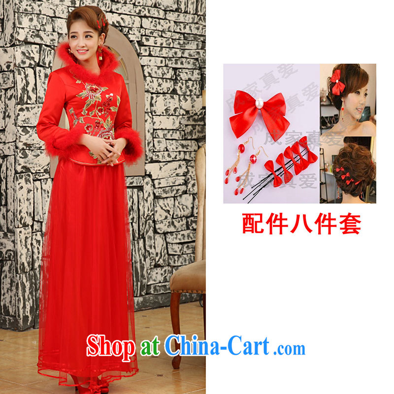 Marriage true love wedding dress bows Kit 2015 new stylish red marriages, long-sleeved warm winter outfit _196 red dresses + 8 piece XXL