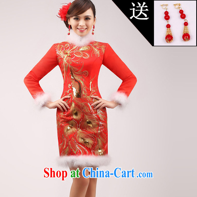 Marriages served toast 2015 winter new stylish dress red improved cheongsam long-sleeved short winter clothing female white white hair XXL