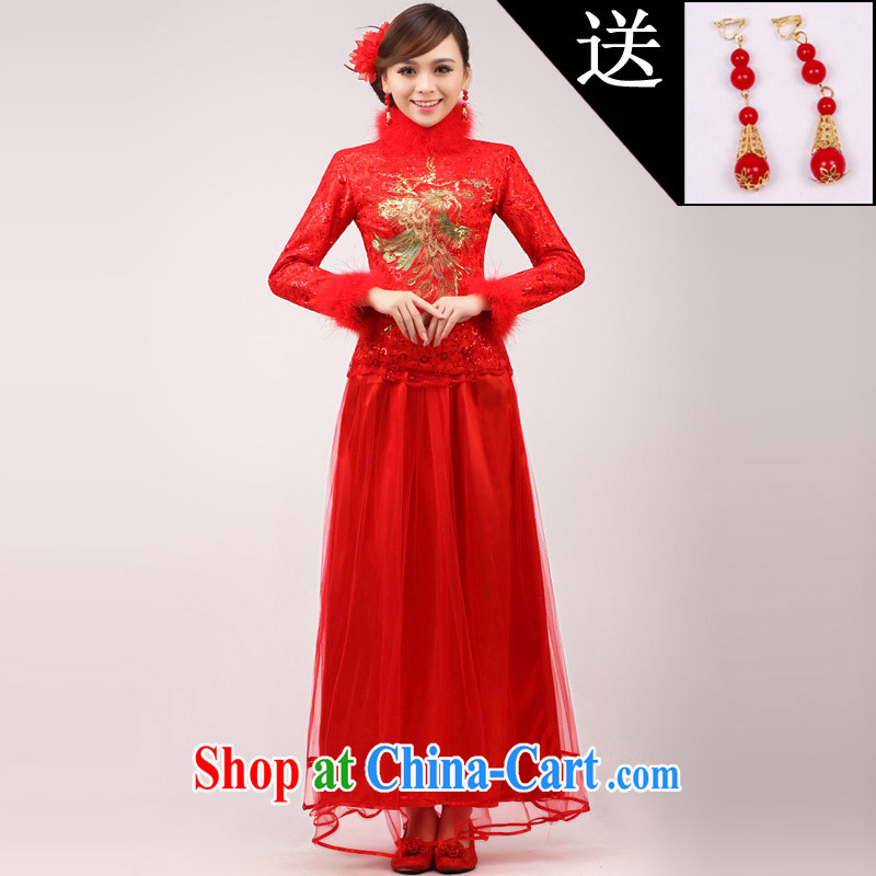 Getting married is really love bridal wedding dresses 2015 new stylish Chinese improved bows clothes red long-sleeved gown winter clothing female white hair XL, married love, shopping on the Internet