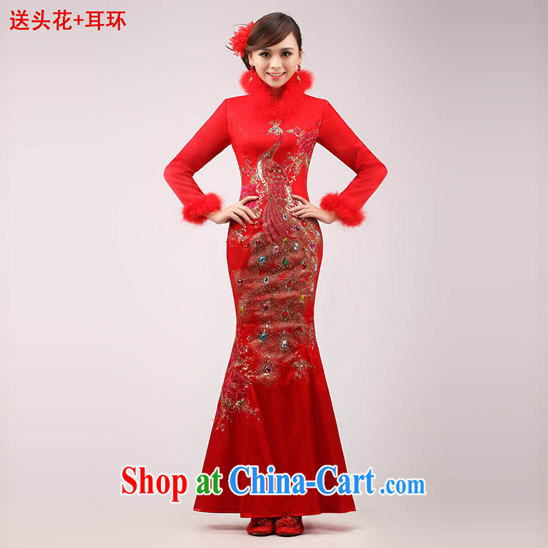 Marriages served toast 2015 new stylish red long-sleeved long dress Chinese improved cheongsam winter clothing female Red XL, married love, shopping on the Internet