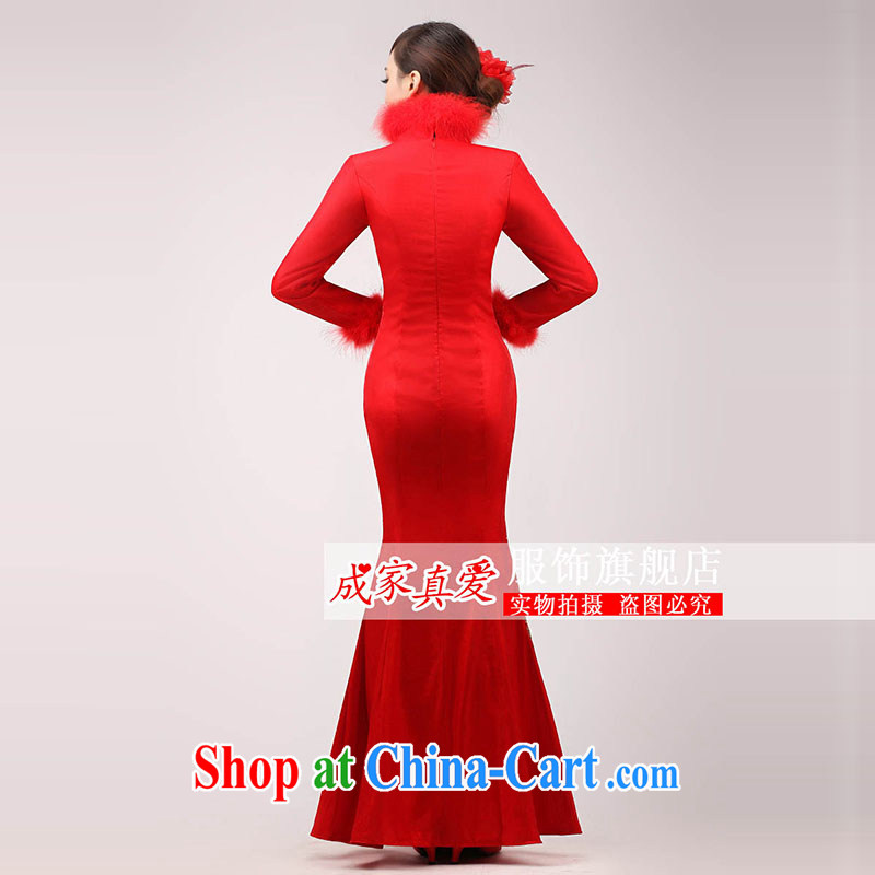 Marriages served toast 2015 new stylish red long-sleeved long dress Chinese improved cheongsam winter clothing female Red XL, married love, shopping on the Internet