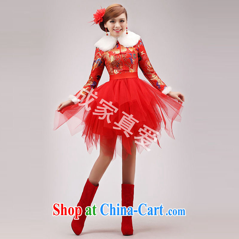 Bride wedding toast service 2014 new cheongsam dress red long-sleeved short dresses larger graphics thin winter clothing female Red XXL