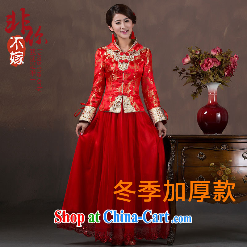 2014 autumn and winter wedding dresses Chinese larger brides with long-sleeved red dress long retro wedding toast serving thick, S